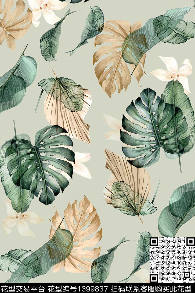简约绿植树叶花卉数码印花华亿平台下载（图片编号: 1399837） - 瓦栏（Walan）
