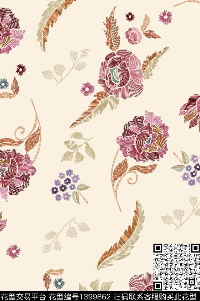 清爽底花卉花卉大牌风数码印花华亿平台下载（图片编号: 1399862） - 瓦栏（Walan）