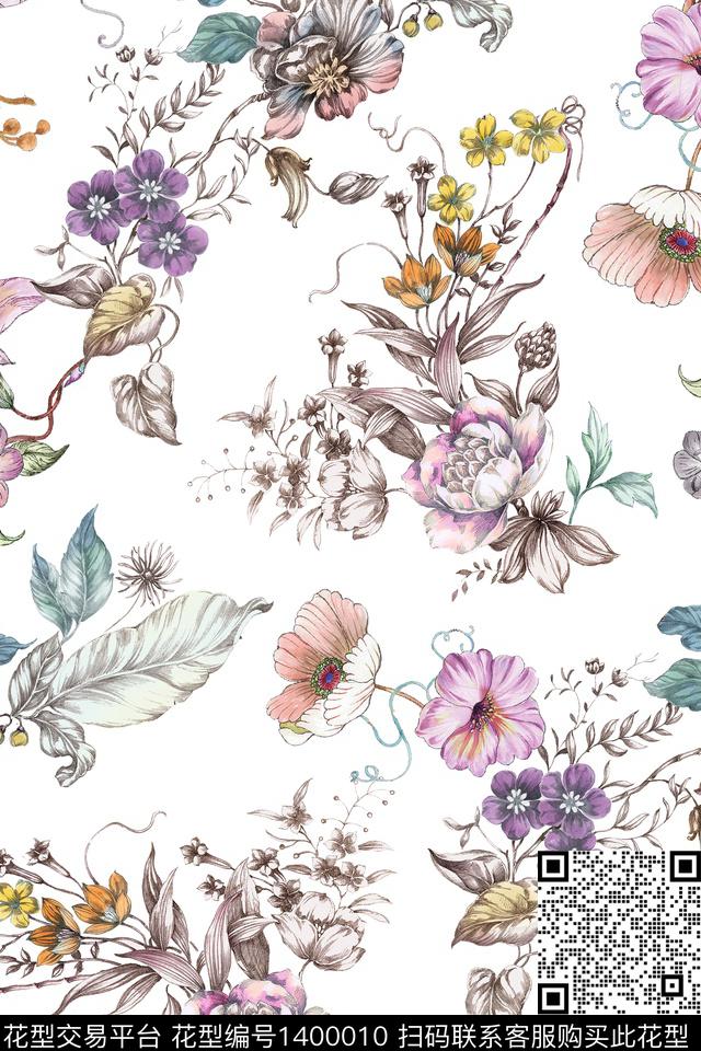 清爽底花卉花卉大牌风数码印花华亿平台下载（图片编号: 1400010） - 瓦栏（Walan）