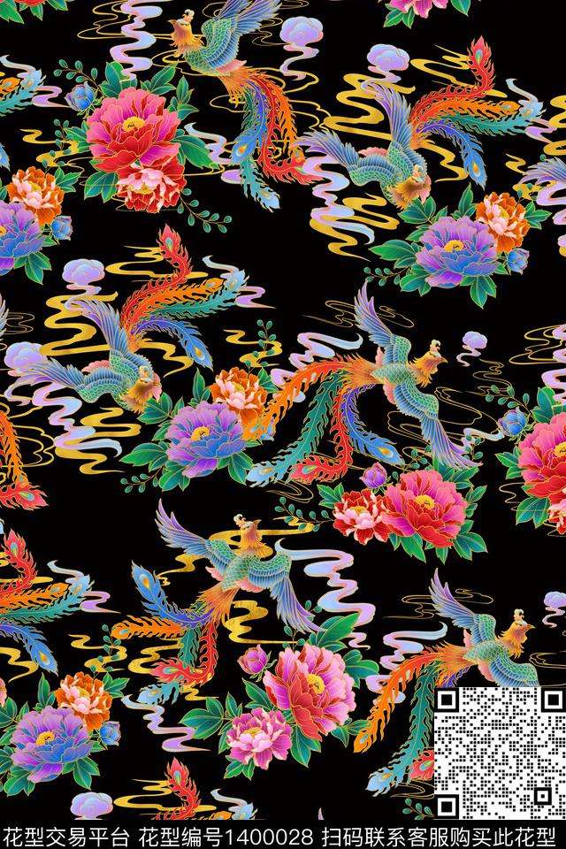 花鸟凤凰牡丹数码印花华亿平台下载（图片编号: 1400028） - 瓦栏（Walan）