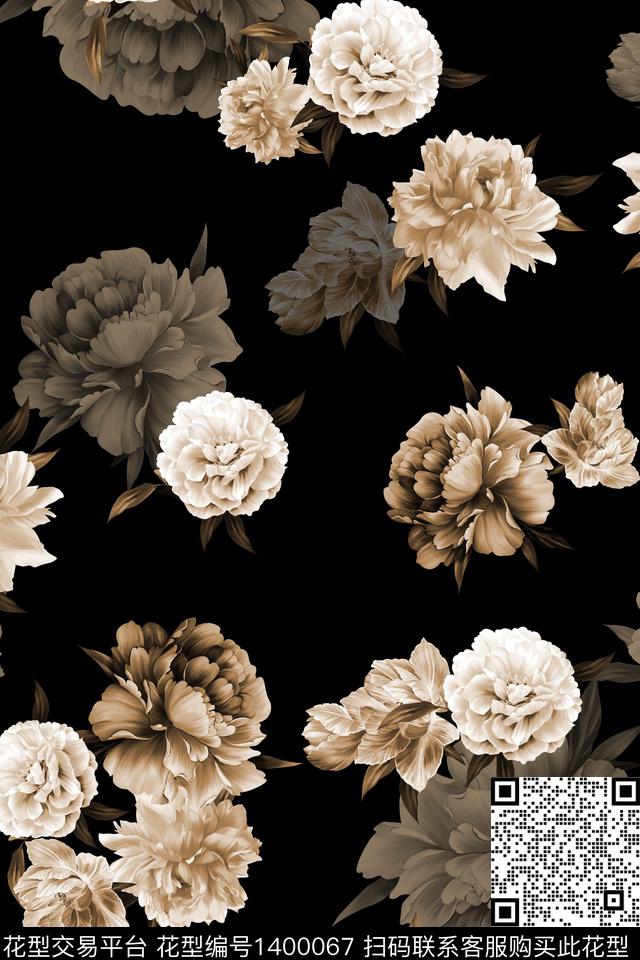 花卉香云纱大牌风数码印花华亿平台下载（图片编号: 1400067） - 瓦栏（Walan）