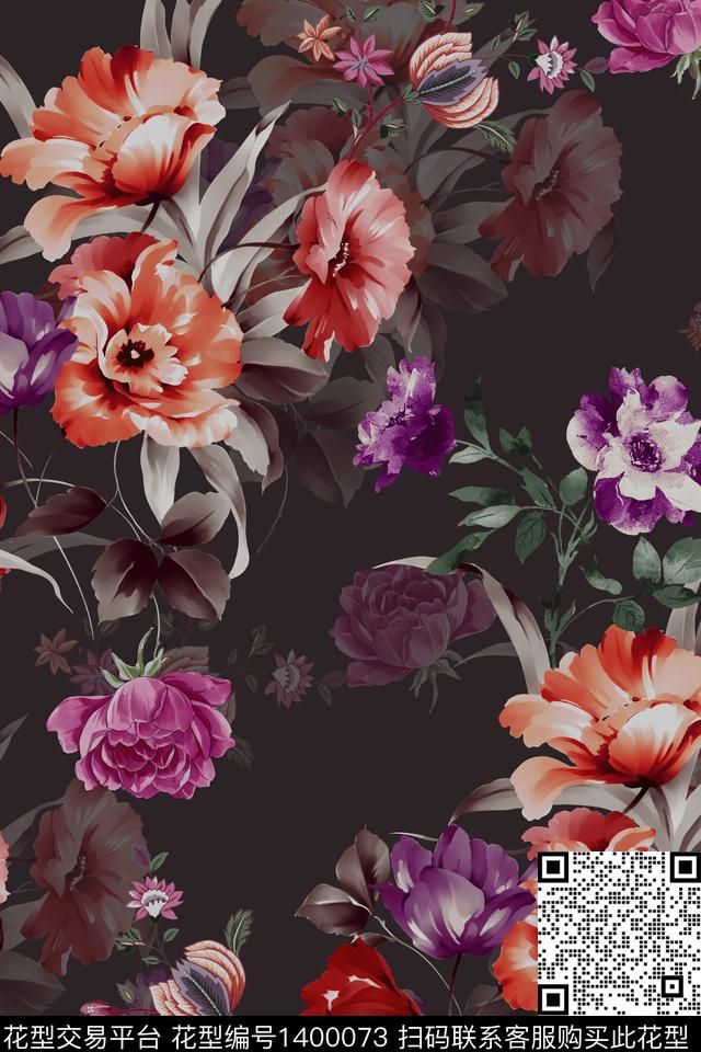 黑底花卉花卉香云纱数码印花华亿平台下载（图片编号: 1400073） - 瓦栏（Walan）