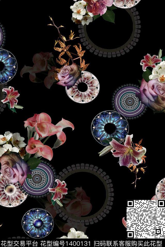 几何花卉圆形数码印花华亿平台下载（图片编号: 1400131） - 瓦栏（Walan）
