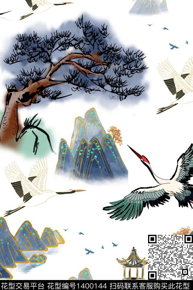 水墨风中国风树数码印花华亿平台下载（图片编号: 1400144） - 瓦栏（Walan）