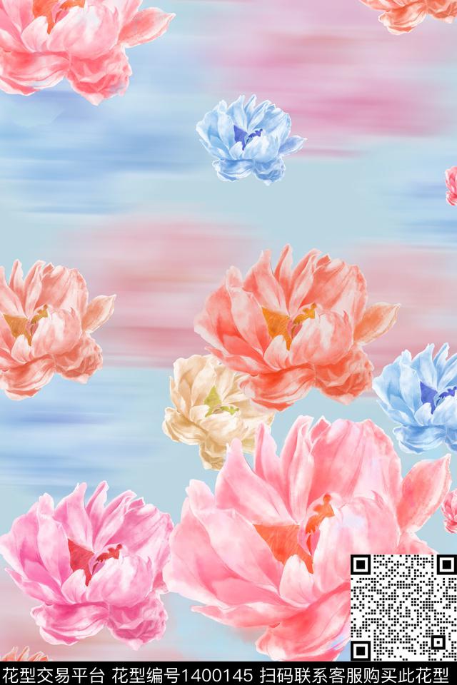 彩底花卉花卉手绘数码印花华亿平台下载（图片编号: 1400145） - 瓦栏（Walan）