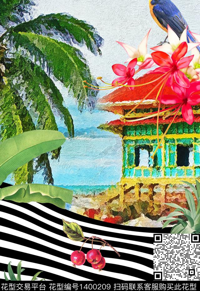菠萝黑白条纹春夏华亿平台数码印花华亿平台下载（图片编号: 1400209） - 瓦栏（Walan）