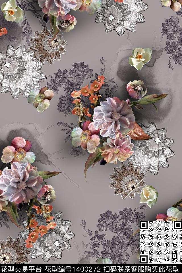 底纹花卉抽象数码印花华亿平台下载（图片编号: 1400272） - 瓦栏（Walan）