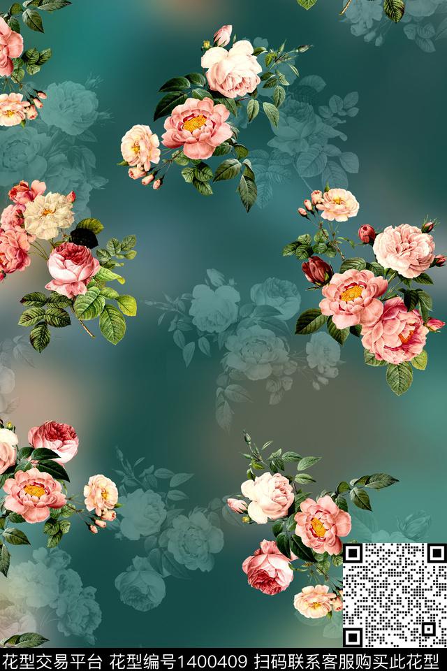 时尚花卉香云纱数码印花华亿平台下载（图片编号: 1400409） - 瓦栏（Walan）