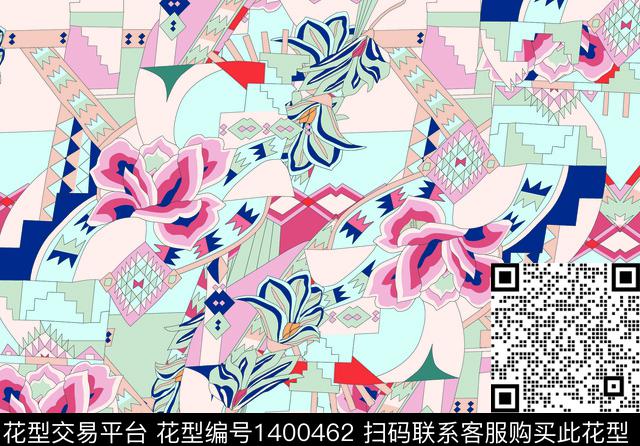 丝巾定位花几何花卉混合拼接数码印花华亿平台下载（图片编号: 1400462） - 瓦栏（Walan）