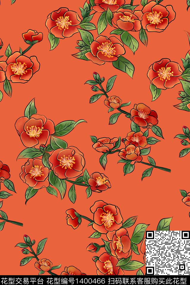 手绘茶花枝叶中老年华亿平台数码印花华亿平台下载（图片编号: 1400466） - 瓦栏（Walan）