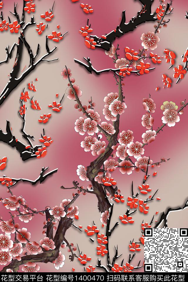 树枝桃花中国风花卉数码印花华亿平台下载（图片编号: 1400470） - 瓦栏（Walan）