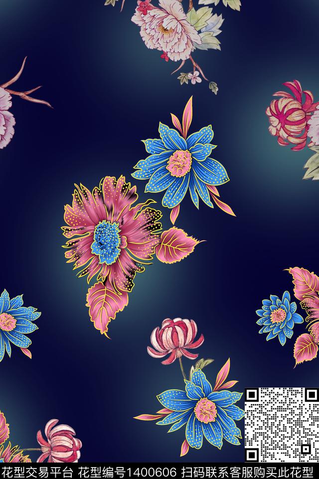 中国风花卉手绘花卉底纹数码印花华亿平台下载（图片编号: 1400606） - 瓦栏（Walan）