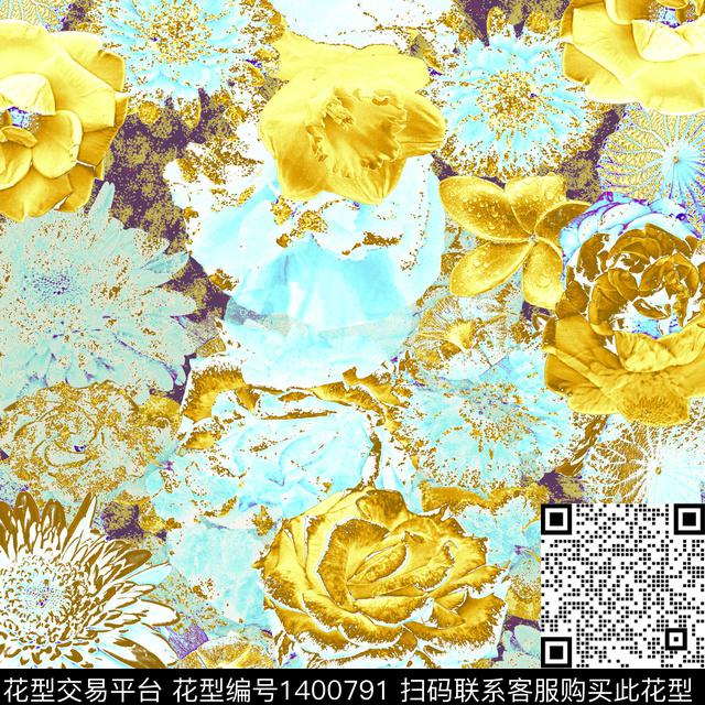 花卉抽象混合拼接数码印花华亿平台下载（图片编号: 1400791） - 瓦栏（Walan）