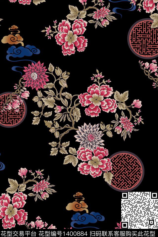花卉旗袍香云纱数码印花华亿平台下载（图片编号: 1400884） - 瓦栏（Walan）
