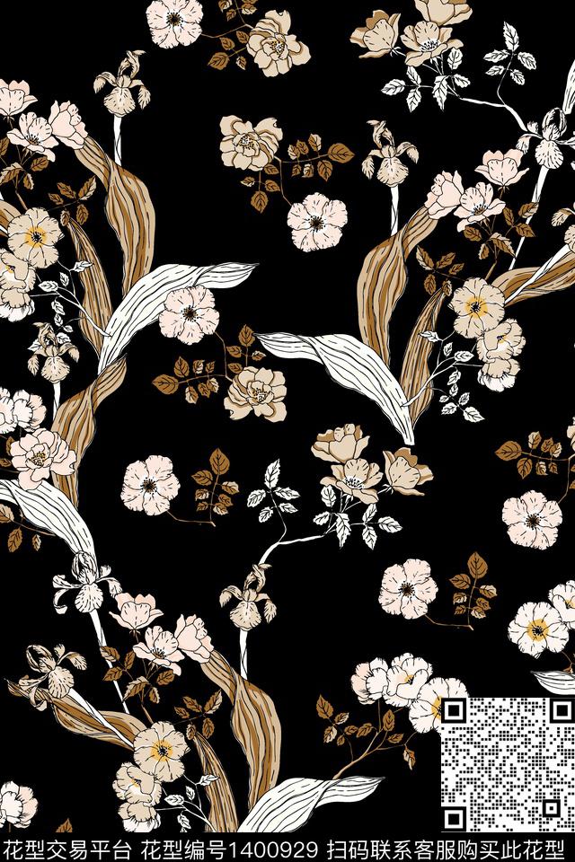 黑底花卉民族风花卉数码印花华亿平台下载（图片编号: 1400929） - 瓦栏（Walan）