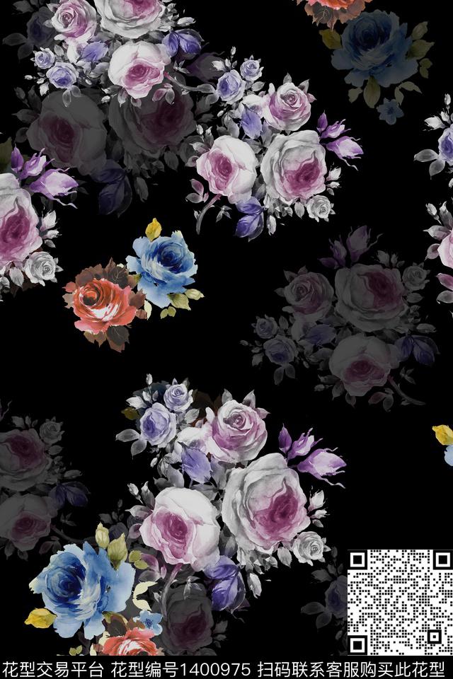 黑底花卉花卉香云纱数码印花华亿平台下载（图片编号: 1400975） - 瓦栏（Walan）