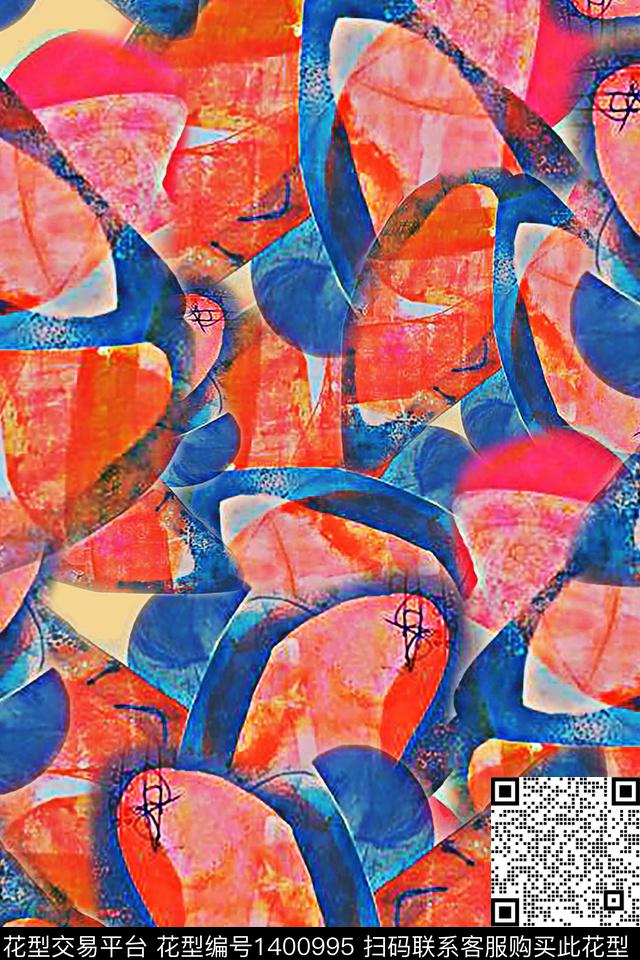 几何抽象手绘线条笔触数码印花华亿平台下载（图片编号: 1400995） - 瓦栏（Walan）