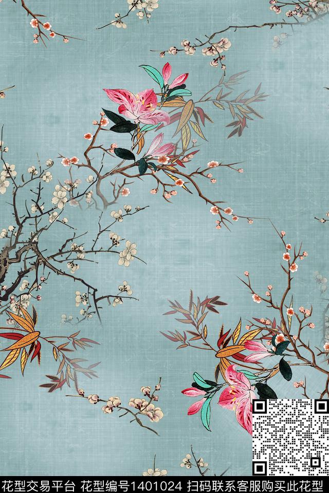 简约中国风棉麻数码印花华亿平台下载（图片编号: 1401024） - 瓦栏（Walan）