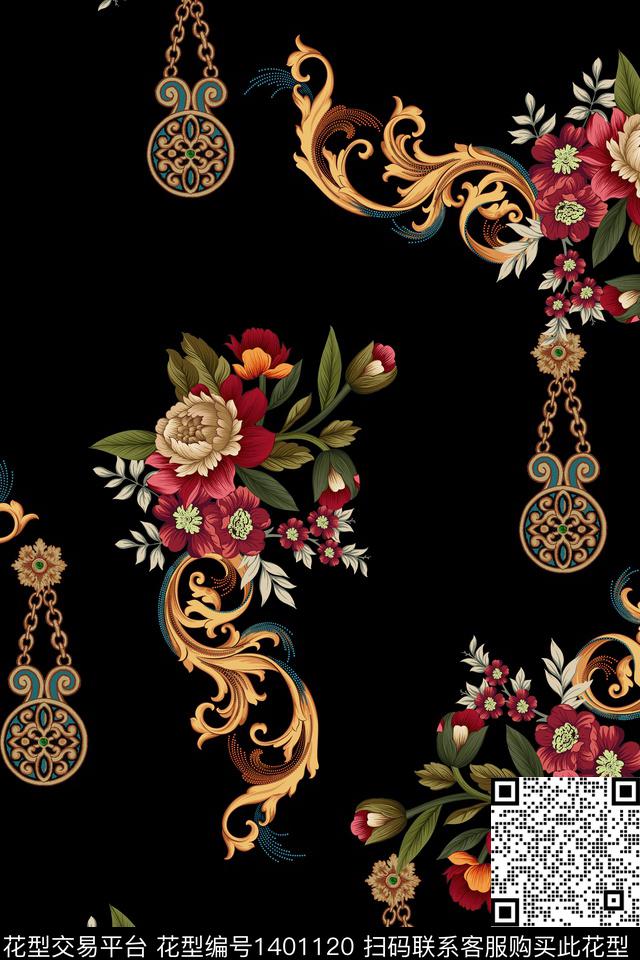 复古花卉香云纱数码印花华亿平台下载（图片编号: 1401120） - 瓦栏（Walan）