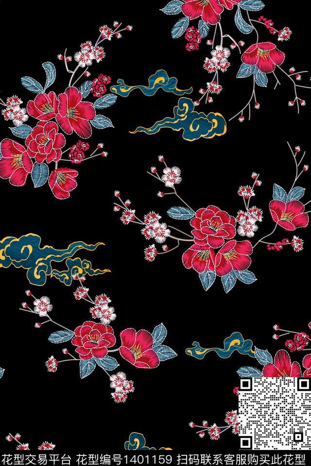 花卉旗袍香云纱数码印花华亿平台下载（图片编号: 1401159） - 瓦栏（Walan）