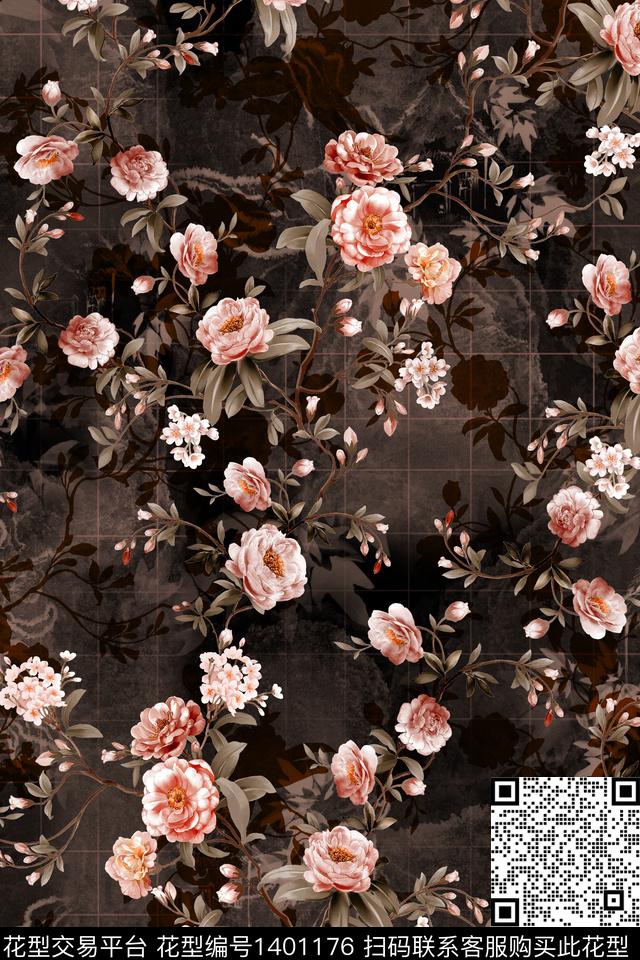 花卉香云纱大牌风数码印花华亿平台下载（图片编号: 1401176） - 瓦栏（Walan）
