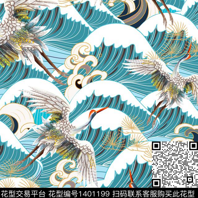 仙鹤海浪纹绿植树叶数码印花华亿平台下载（图片编号: 1401199） - 瓦栏（Walan）