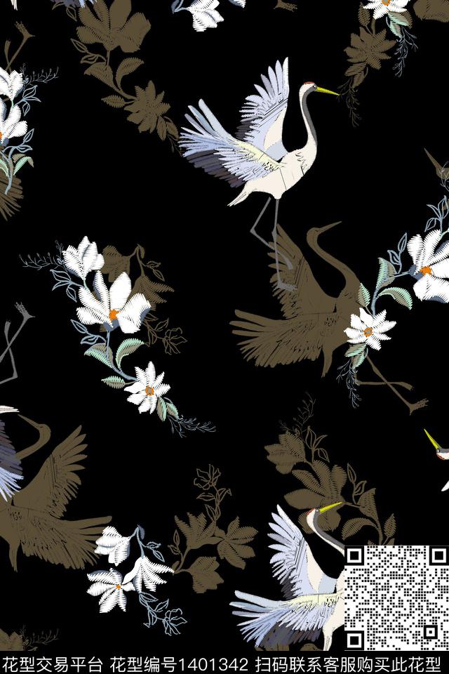 仙鹤香云纱大牌风数码印花华亿平台下载（图片编号: 1401342） - 瓦栏（Walan）