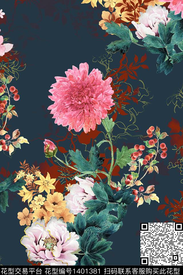 花卉香云纱真丝数码印花华亿平台下载（图片编号: 1401381） - 瓦栏（Walan）