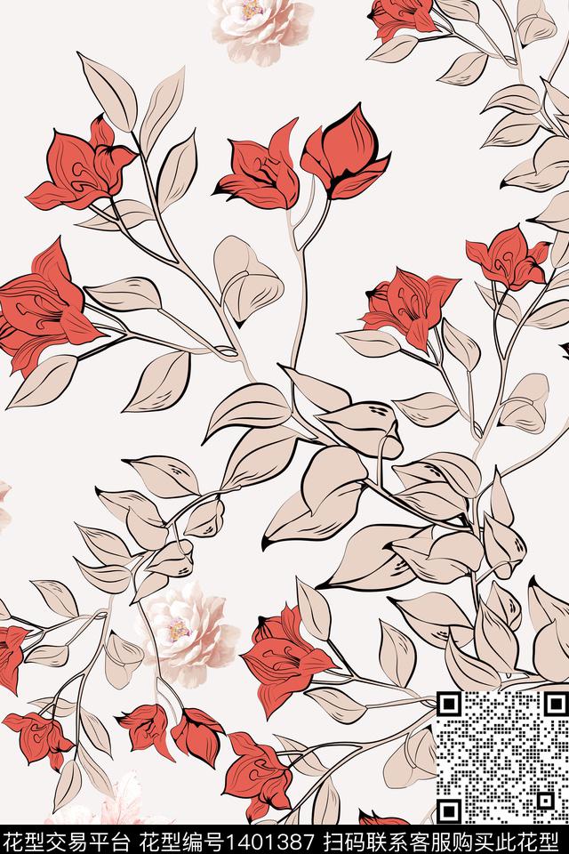 清爽底花卉花卉香云纱数码印花华亿平台下载（图片编号: 1401387） - 瓦栏（Walan）