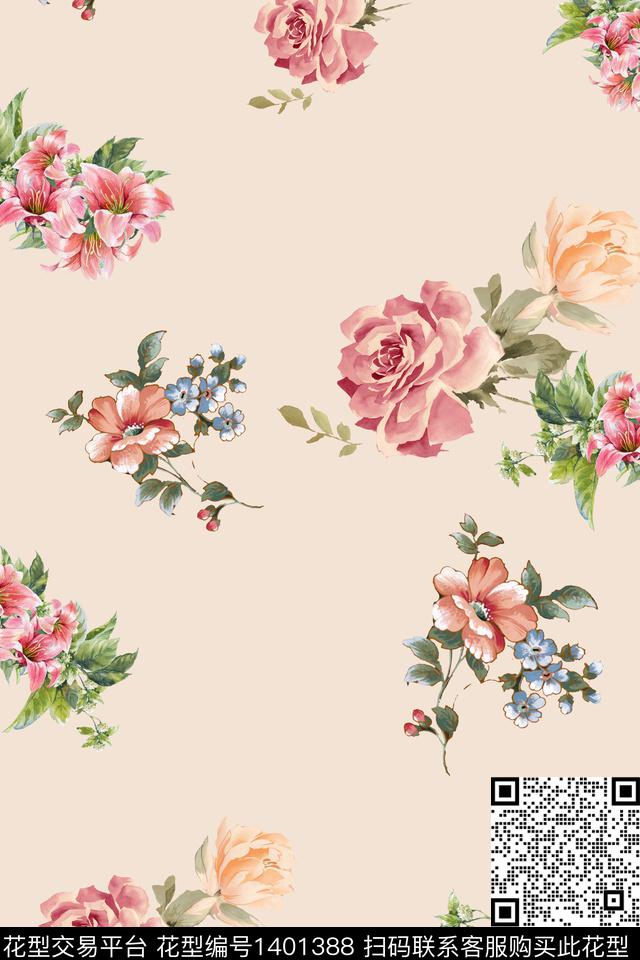 清爽底花卉花卉香云纱数码印花华亿平台下载（图片编号: 1401388） - 瓦栏（Walan）