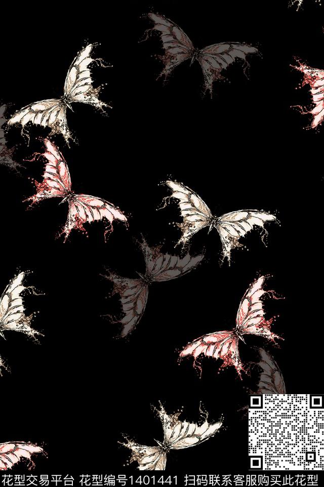 花卉蝴蝶小清新黑底花卉数码印花华亿平台下载（图片编号: 1401441） - 瓦栏（Walan）