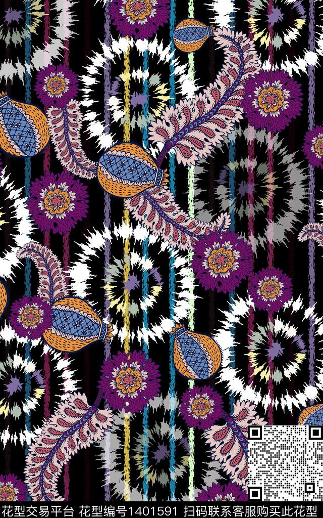 扎染华亿平台佩斯利民族风数码印花华亿平台下载（图片编号: 1401591） - 瓦栏（Walan）