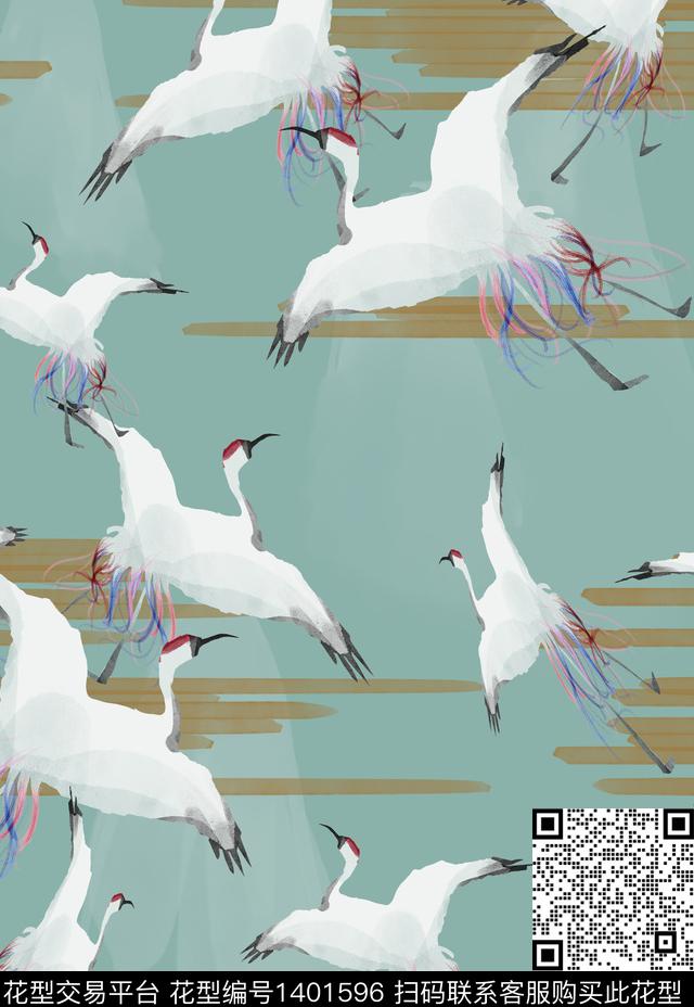 仙鹤中国风真丝数码印花华亿平台下载（图片编号: 1401596） - 瓦栏（Walan）