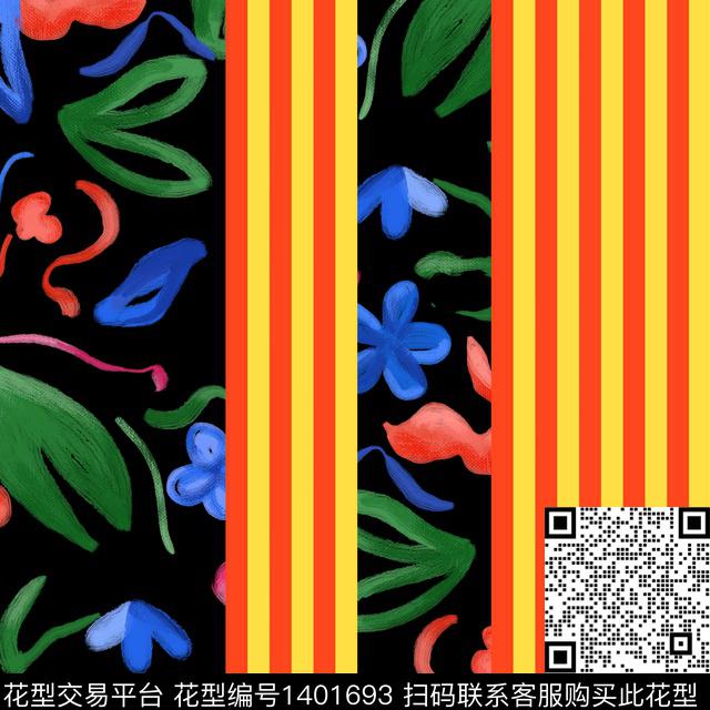 奢华黑底花卉女装数码印花华亿平台下载（图片编号: 1401693） - 瓦栏（Walan）