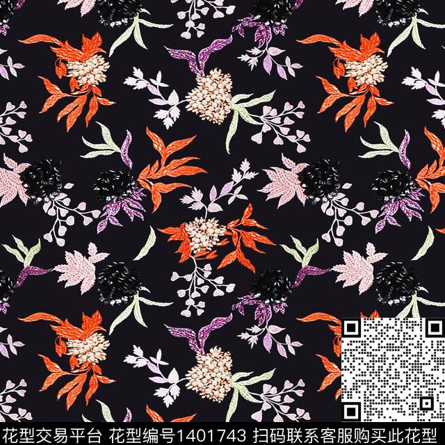 奢华黑底花卉女装数码印花华亿平台下载（图片编号: 1401743） - 瓦栏（Walan）