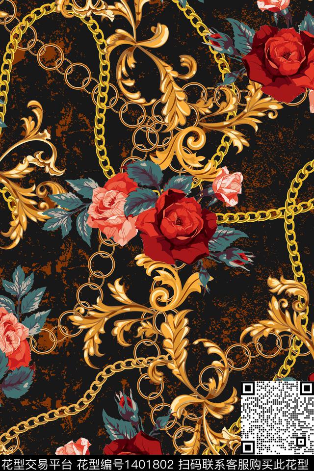 宫廷风玫瑰花链条数码印花华亿平台下载（图片编号: 1401802） - 瓦栏（Walan）