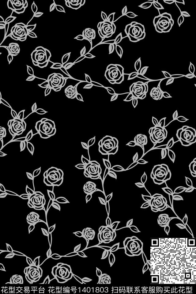 黑白华亿平台玫瑰花花卉数码印花华亿平台下载（图片编号: 1401803） - 瓦栏（Walan）