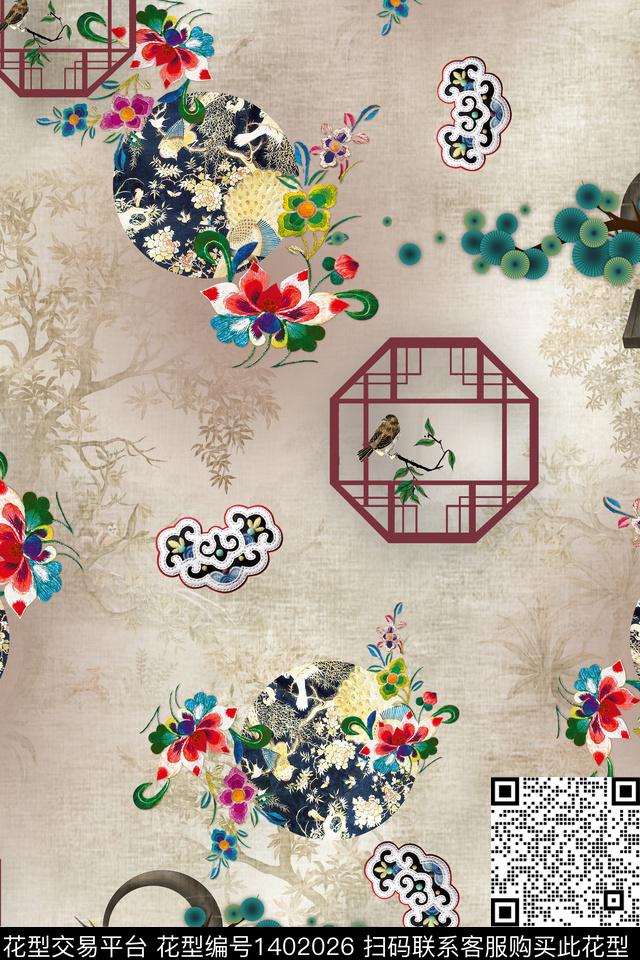 简约中国风棉麻数码印花华亿平台下载（图片编号: 1402026） - 瓦栏（Walan）