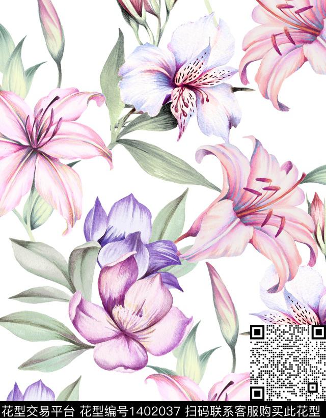 绿植树叶手绘大花水彩花卉数码印花华亿平台下载（图片编号: 1402037） - 瓦栏（Walan）