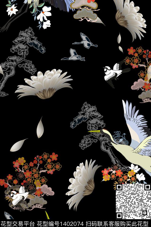 花卉香云纱大牌风数码印花华亿平台下载（图片编号: 1402074） - 瓦栏（Walan）