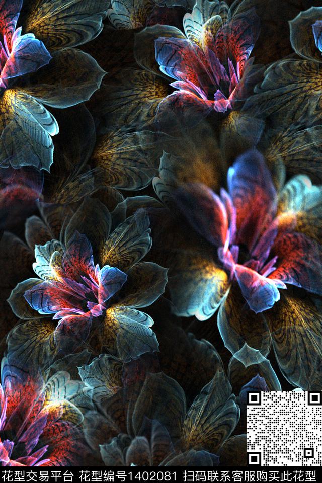 时尚花卉真丝数码印花华亿平台下载（图片编号: 1402081） - 瓦栏（Walan）