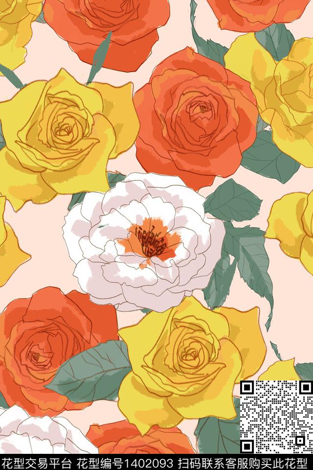 玫瑰花黄花温暖传统印花华亿平台下载（图片编号: 1402093） - 瓦栏（Walan）