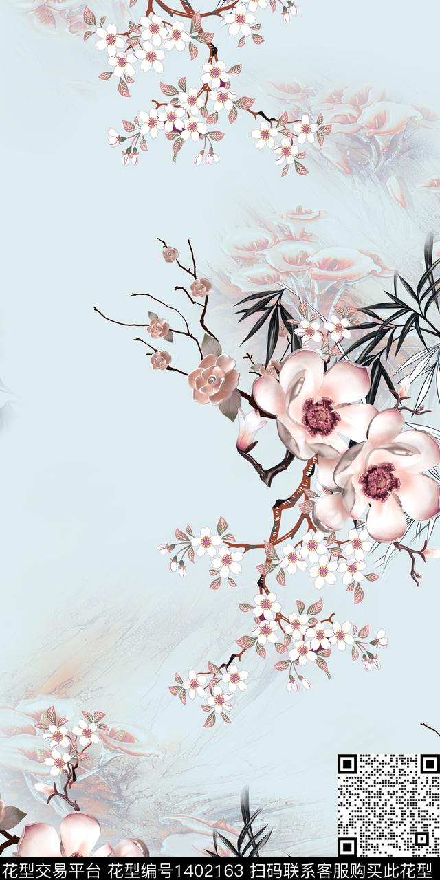 花卉旗袍真丝数码印花华亿平台下载（图片编号: 1402163） - 瓦栏（Walan）
