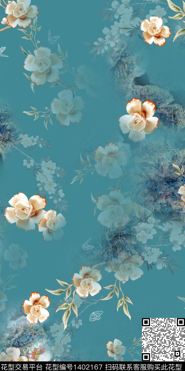花卉旗袍真丝数码印花华亿平台下载（图片编号: 1402167） - 瓦栏（Walan）