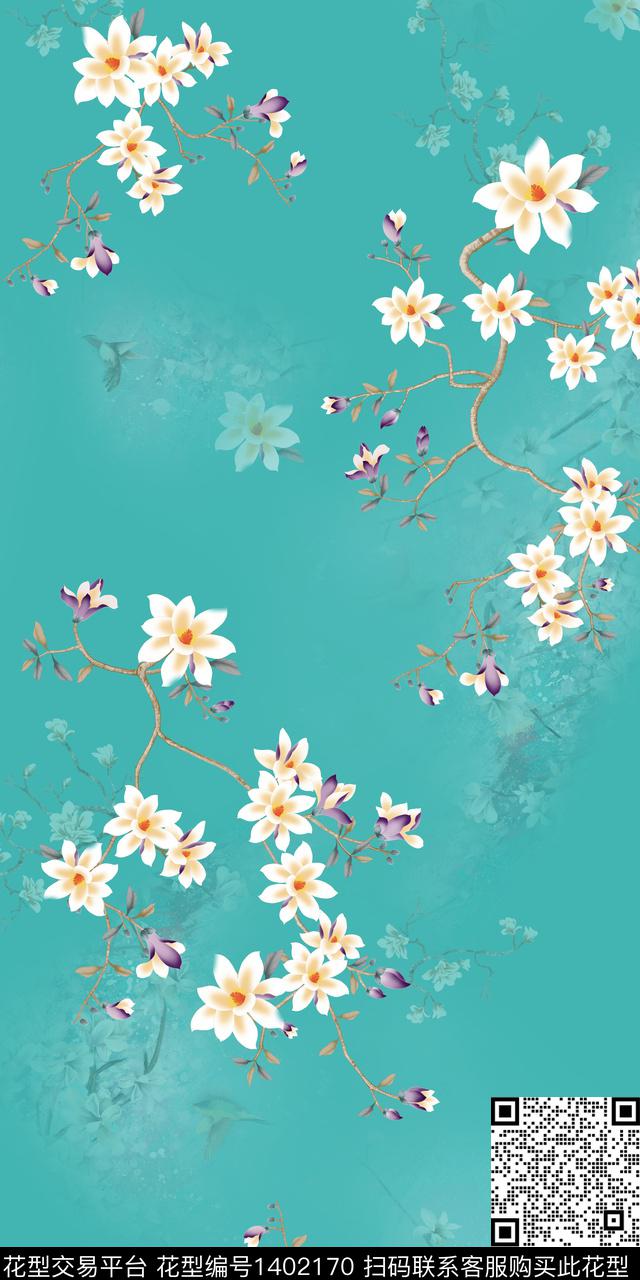 花卉旗袍真丝数码印花华亿平台下载（图片编号: 1402170） - 瓦栏（Walan）