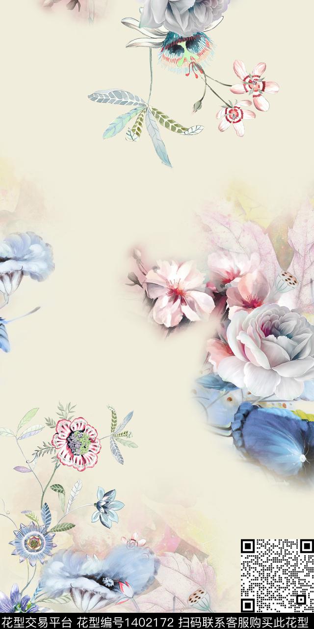 花卉旗袍真丝数码印花华亿平台下载（图片编号: 1402172） - 瓦栏（Walan）