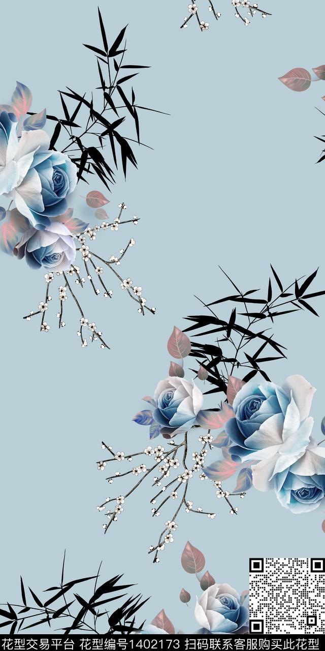 花卉旗袍真丝数码印花华亿平台下载（图片编号: 1402173） - 瓦栏（Walan）