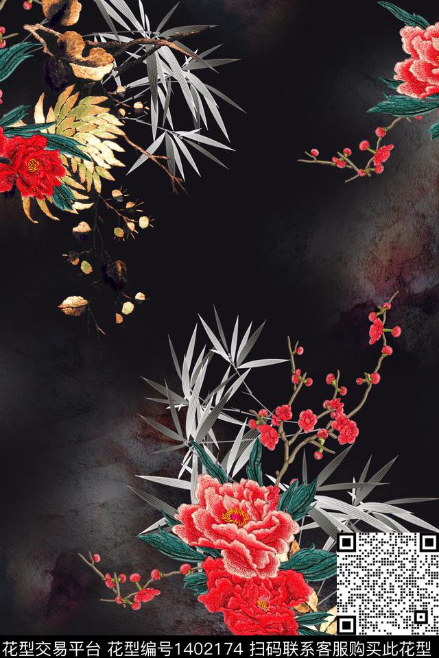 花卉香云纱真丝数码印花华亿平台下载（图片编号: 1402174） - 瓦栏（Walan）