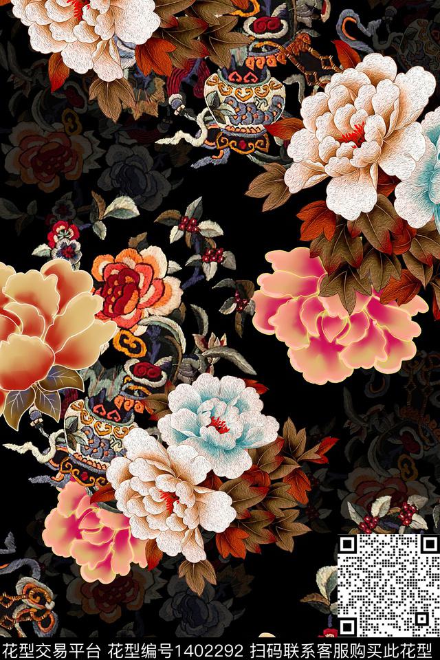时尚香云纱牡丹数码印花华亿平台下载（图片编号: 1402292） - 瓦栏（Walan）