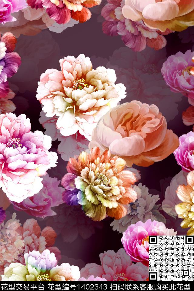 时尚花卉真丝数码印花华亿平台下载（图片编号: 1402343） - 瓦栏（Walan）